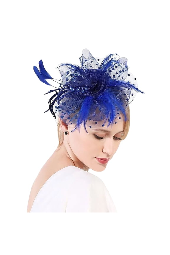 Fascinator Hats for Women Tea Party Hat Derby Headwear with Flower Mesh Veil and Headband for Wedding Cocktail Church Spring Event, Blue, One Size
