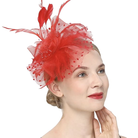 YVNAURA Fascinator Hats for Women Tea Party Hat Derby Headwear with Flower Mesh Veil and Headband for Wedding Cocktail Church Spring Event, Red, One Size