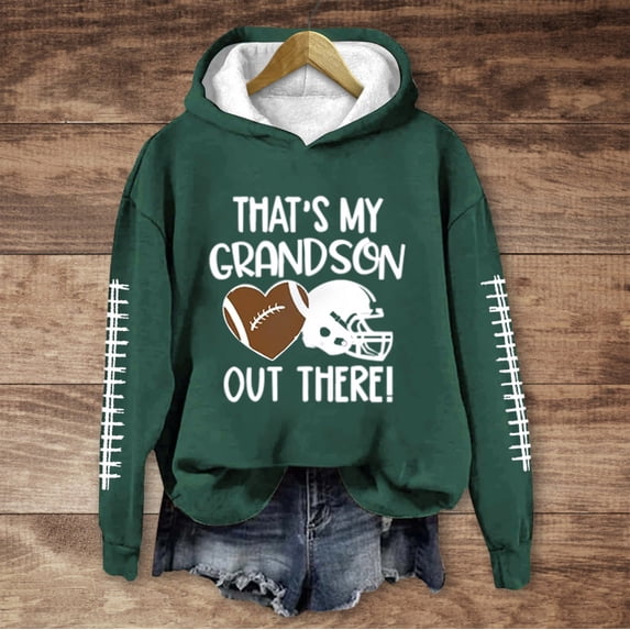 YVNAURA Football Grandma Shirt Game Day Sweatshirt for Women Thats My Grandson Out There Top Love Heart Football Graphic Long Sleeve Pullover Crewneck Fan Apparel, Green,M