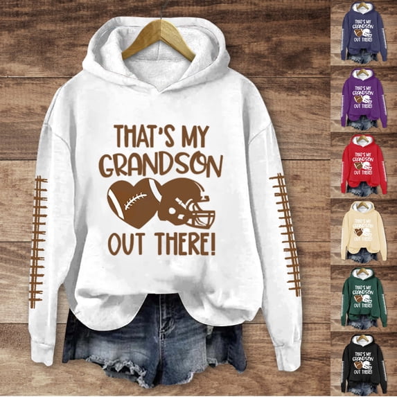 YVNAURA Football Grandma Shirt Game Day Sweatshirt for Women Thats My Grandson Out There Top Love Heart Football Graphic Long Sleeve Pullover Crewneck Fan Apparel, White,L