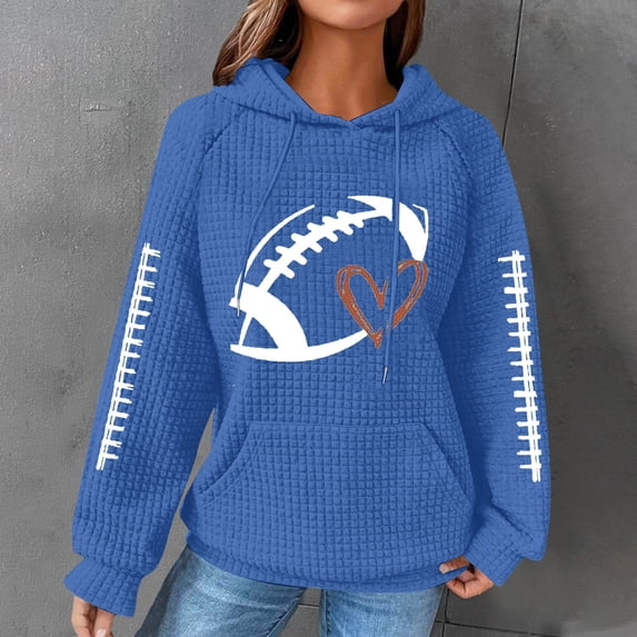 YVNAURA Football Graphic Knit Sweatshirt for Women Game Day Pullover Long Sleeve Crewneck Sweater Fall Season Top Casual Sporty Pullover Fan Apparel, Blue,S