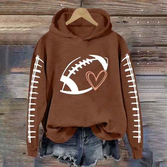 YVNAURA Football Mom Hoodie Game Day Sweatshirt for Women Heart Football Graphic Long Sleeve Hooded Pullover Oversized Casual Hoodie with Kangaroo Pocket Fall Winter Top, Brown,XXXXXL