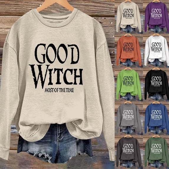 YVNAURA Funny Good Witch Sweatshirt for Women Most of The Time Letter Print Pullover Crewneck Long Sleeve Relaxed Fit Halloween Witchy Humor Casual Fall Spooky Top 1 Pack, Beige,L