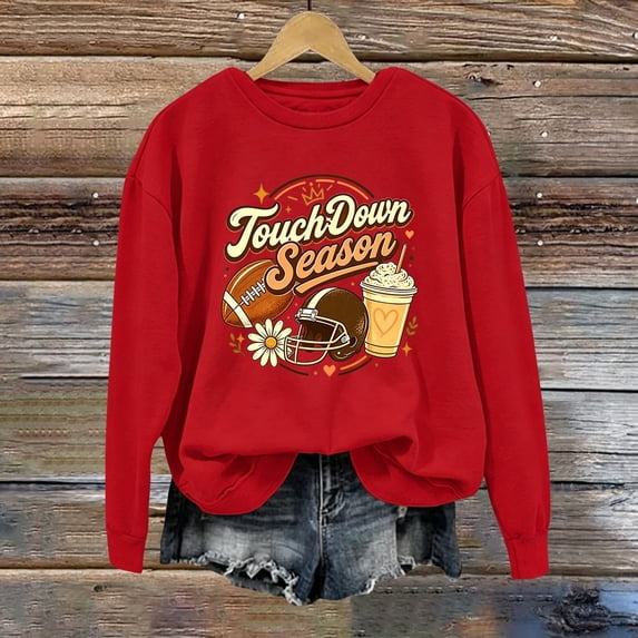 YVNAURA Funny Letter Graphic Football Sweatshirt for Women Long Sleeve Crewneck Pullover Casual Game Day Fan Tops for Sunday Football Tailgate Fall Winter, Red,M