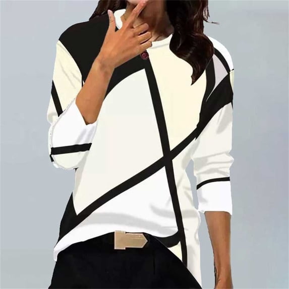 YVNAURA Geometric Print Tops for Women Crew Neck Long Sleeve Color Block Pullover Sweaters Oversized Loose Fit Tunic Shirts Casual Fall Winter Soft Stretchy Trendy Blouses, White,XXXXXL