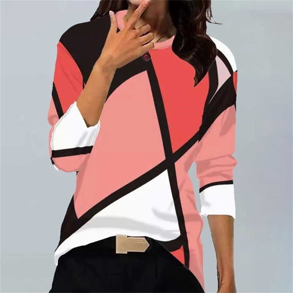 YVNAURA Geometric Print Tops for Women Crew Neck Long Sleeve Color Block Pullover Sweaters Oversized Loose Fit Tunic Shirts Casual Fall Winter Soft Stretchy Trendy Blouses, Red,L