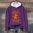 thumbnail image 1 of YVNAURA Graphic Halloween Sweatshirts for Women Why Yes Actually I Can Drive A Stick Long Sleeve Crew Neck Pullover Tops Round Neck Sassy Broomstick Fall Fashion Clothes, Purple,XL, 1 of 4