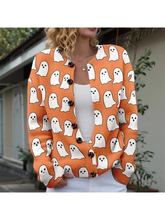 Halloween Cardigan for Women Ghost Print Jack O Lantern Button Down Long Sleeve Open Front Knit Sweater Coat Spooky Season Fall Party Trendy Outfits, Orange,L