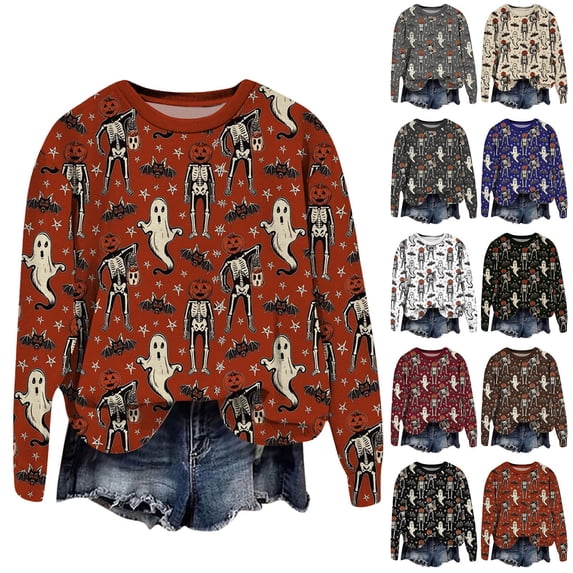YVNAURA Halloween Graphic Crewneck Pullover for Women Oversized Loose Fit Long Sleeve Sweatshirt Cute Pumpkin Bat Ghost Print Spooky Season Casual Fall Top 1 Pack, Wine,L