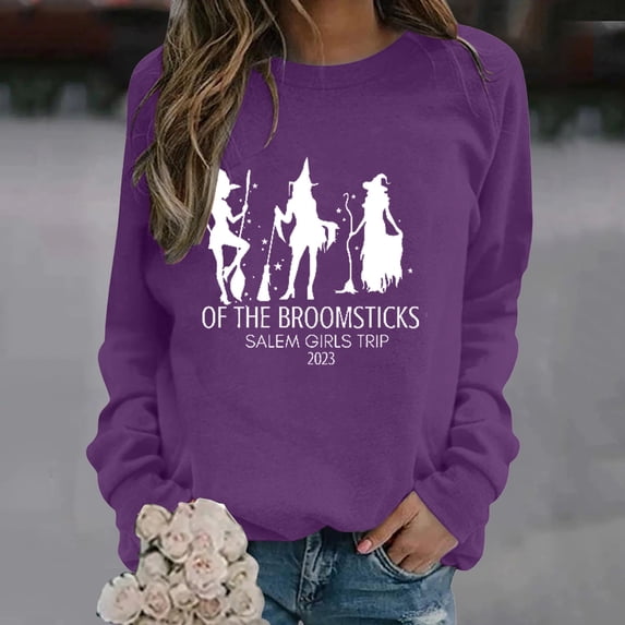 YVNAURA Halloween Graphic Pullover Crewneck Sweatshirt for Women Vintage Salem Witch Print Oversized Loose Fit Long Sleeve Casual Spooky Season Fall Top 1 Pack, Purple,L