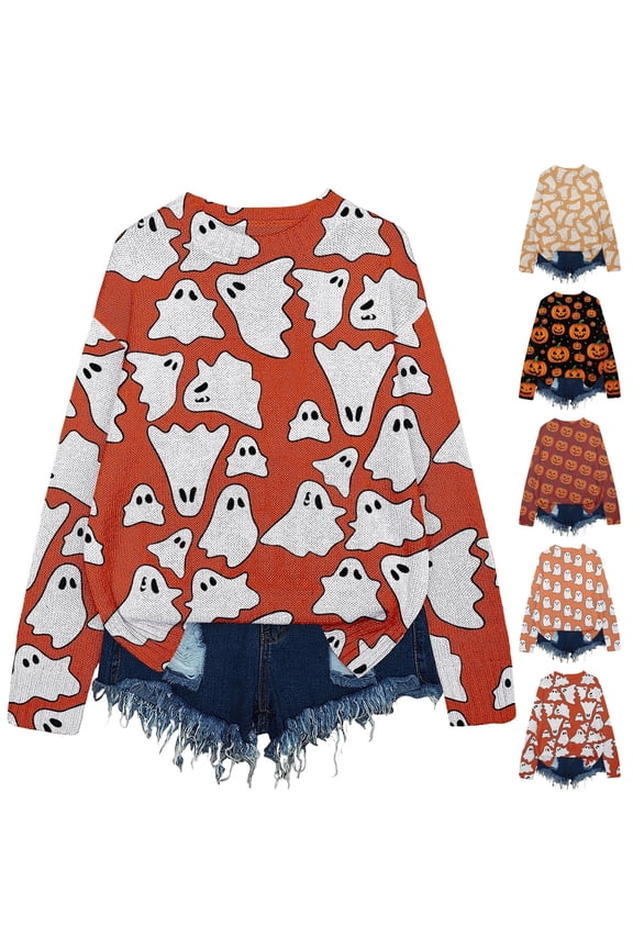 Halloween Knitted Pullover Sweater for Women Funny Pumpkin Graphic Crewneck Casual Cozy Warm Fall Winter Spooky Season Top 1 Pack, Red,XXL