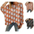 thumbnail image 1 of YVNAURA Halloween Pullover Sweater for Women Knitted Pumpkin Graphic Crewneck Cozy Warm Casual Fall Winter Spooky Season Daily Outfit Top 1 Pack, Brick Red,L, 1 of 4