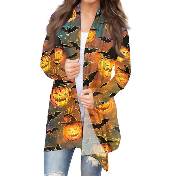 YVNAURA Halloween Pumpkin Ghost Print Cardigan for Women Long Sleeve Open Front Lightweight Loose Knit Sweater Casual Fall Outwear Coat Party Daily 1 Pack, Orange,XXL