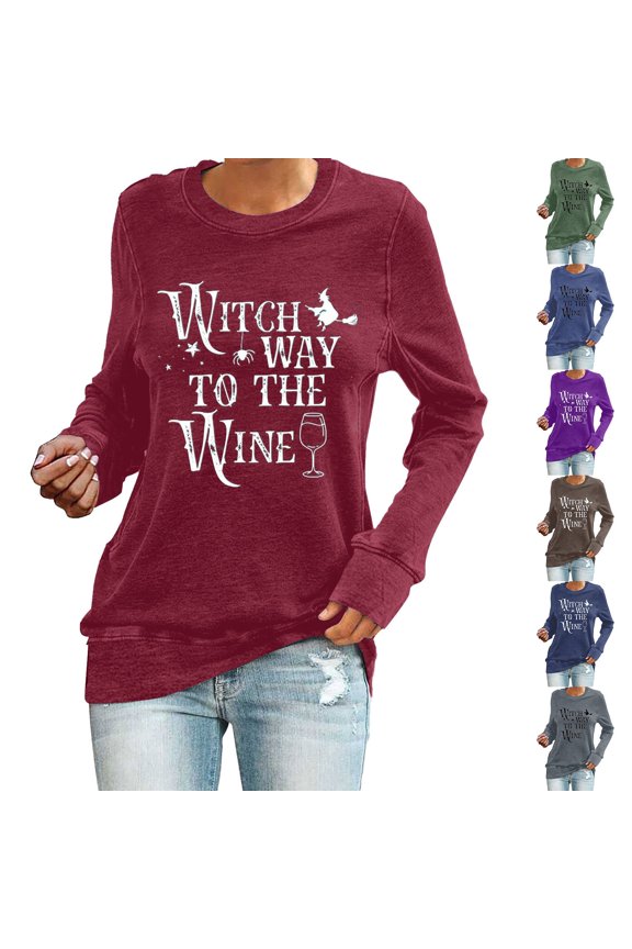 Halloween Witch Way To The Wine Sweatshirt for Women Funny Wine Drinker Gift Pullover Crew Neck Long Sleeve Casual Fall Spooky Season Top 1 Pack, Red,XL
