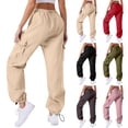 thumbnail image 1 of YVNAURA High Waisted Cargo Pants for Women Baggy Y2K Jogger with Pockets Elastic Drawstring Waist Loose Fit Casual Streetwear Trousers, Khaki,L, 1 of 9