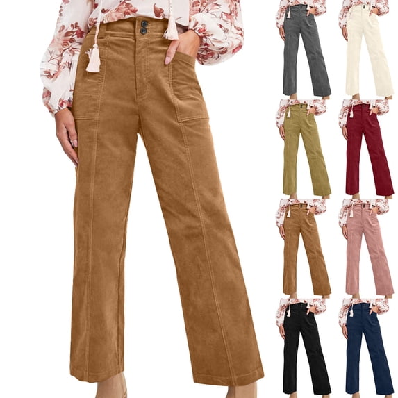 YVNAURA High Waisted Corduroy Pants for Women Straight Leg Loose Trousers with Pockets Elastic Drawstring Waist Comfy Casual Pants Fall Winter Work S-XXL, Brown,L