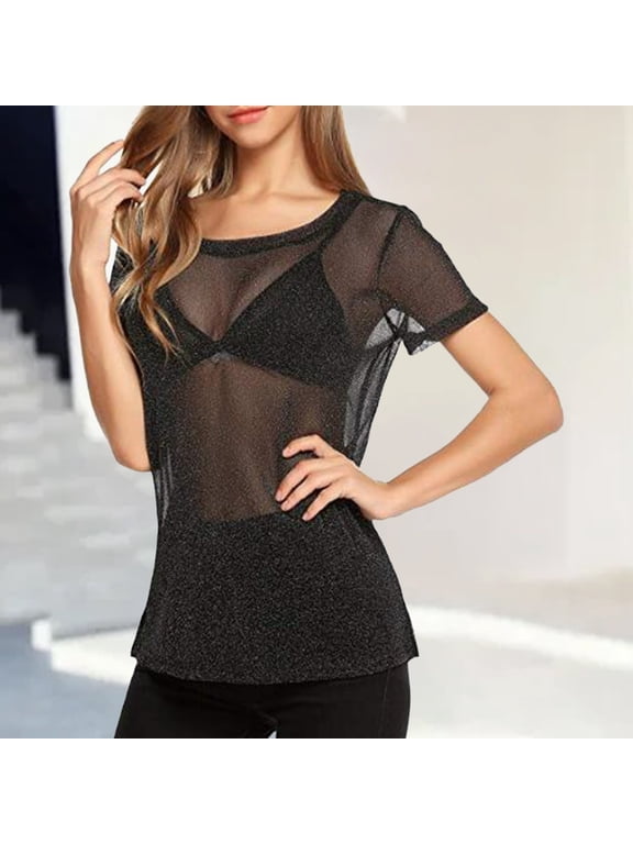 Hollow Out See Through Mesh Top for Women Silver Thread Short Sleeve Blouse Stretch Fit Curved Hem Sheer Metallic T Shirt Casual Layering Going Out Clubwear Tops, Black,S