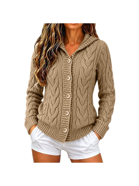 Hooded Cable Knit Cardigan Sweaters for Women – Button Down Open Front Fitted Short Long Sleeve Chunky Casual Fall Winter Jacket, Khaki,S