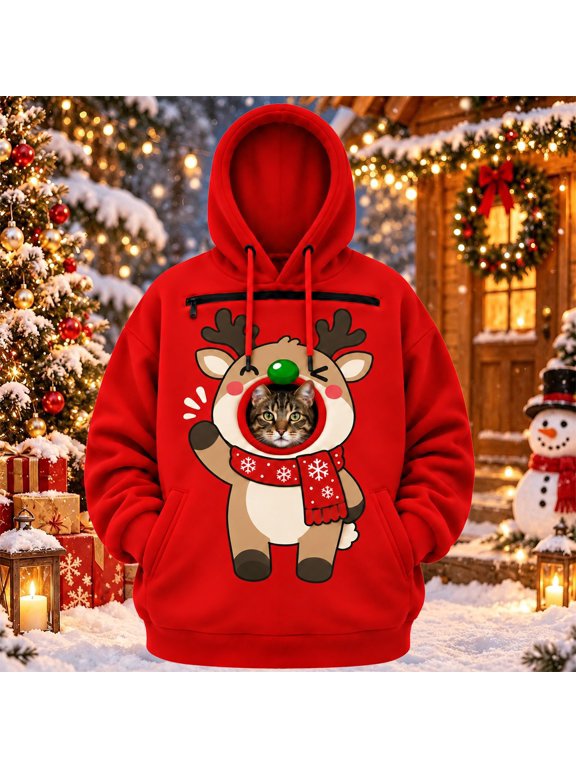 Kangaroo Pocket Hoodie UniFunny Reindeer Cat Peek Through Window Christmas Graphic Pullover Fleece Lined Long Sleeve Holiday Party Sweatshirt, Red,S