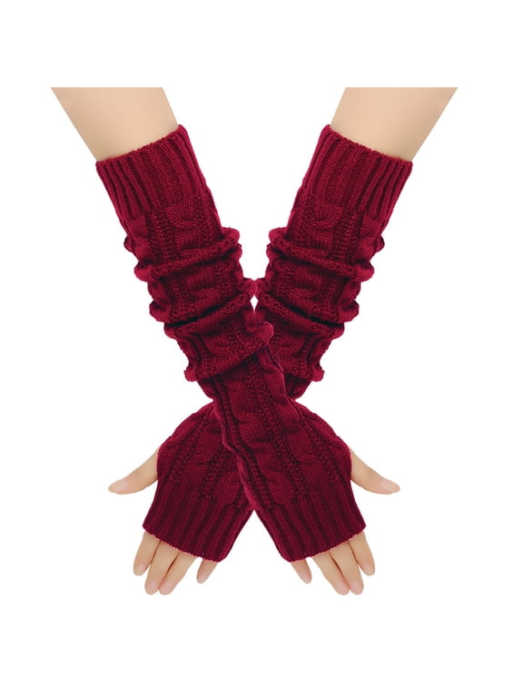 Long Fingerless Gloves for Women Thick Warm Knitted Arm Sleeves with Thumb Hole Over Elbow Stretchy Wool Blend Winter Arm Warmers for Typing Driving Office Cold Weather Gift, Wine,One Size