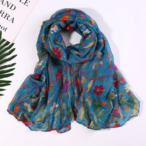 YVNAURA Long Lightweight Floral Print Scarf for Women Soft Silk-Like Spring Summer Shawl Wrap Sunscreen UV Protection Scarf Casual Travel Beach Gift for Her, Blue,One Size
