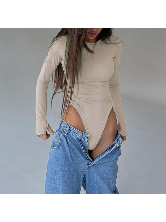 Long Sleeve Bodysuit for Women Crew Neck Slim Fit Basic Layering Tops Body Suits Stretchy Soft Not See Through Fall Winter Going Out Shirts, Beige,L