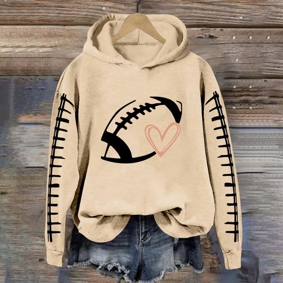 YVNAURA Long Sleeve Football Mom Hoodie Game Day Sweatshirt for Women Heart Graphic Oversized Pullover Casual Hooded Top with Pocket Cozy Fleece Fall Winter Wear, Khaki,XXXXXL