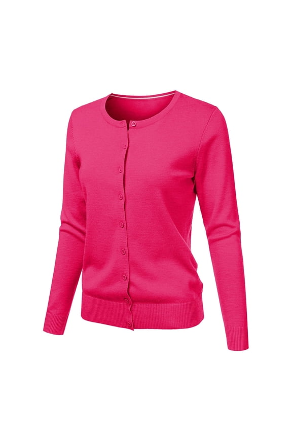 Loose Fit Round Neck Cardigan Sweater for Women Button Down Open Front Long Sleeve Knit Cardigan Cropped Chunky Solid Color Casual Jacket Top, Hot Pink,XL