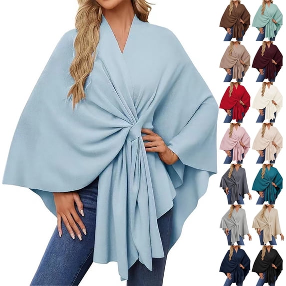 YVNAURA Open Front Poncho Sweater for Women Elegant Shawl Wrap Cardigan Cape Soft Lightweight Oversized Knitted Fall Winter Spring Outerwear Travel Gift for Women, Light Blue,One Size