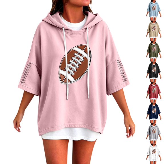 YVNAURA Oversized Hoodie for Women 3/4 Sleeve Hoodie Football Graphic Sweatshirt Loose Pullover Top Casual Hooded Sweatshirt Game Day Pullover Drop Shoulder Hoodie, Pink,L