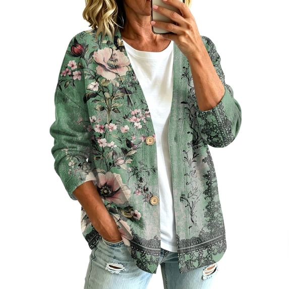 YVNAURA Paisley Print V Neck Cardigan for Women – Boho Button Down Oversized Loose Long Sleeve Lightweight Open Front Casual Fall Winter Layering Coat, Grey,M