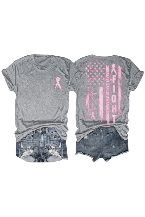 Pink Ribbon Breast Cancer Awareness T Shirt Women Crew Neck Short Sleeve Soft Cotton Support Graphic Tee Fundraiser Walk Top, Grey,XL