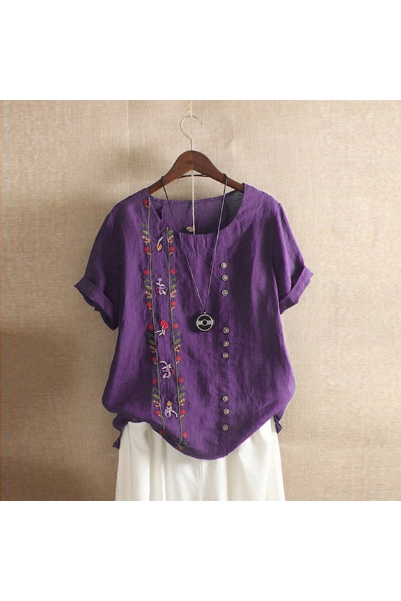 Plus Size Bohemian Blouse Women‘s Floral Embroidered Top Short Sleeve Boho Shirt Loose Fit Casual Tunic Spring Summer 2026 Vacation Beach Cover Up, Purple,M