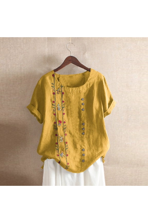 Plus Size Bohemian Blouse Women‘s Floral Embroidered Top Short Sleeve Boho Shirt Loose Fit Casual Tunic Spring Summer 2026 Vacation Beach Cover Up, Yellow,XXXXXL