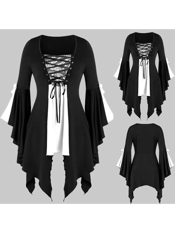 Plus Size Gothic Lace Sequined Tunic Top for Women Victorian Flare Sleeve Blouse Renaissance Shirt Black Long Sleeve Cosplay Halloween Steampunk 1 Pack, Silver,XXXL