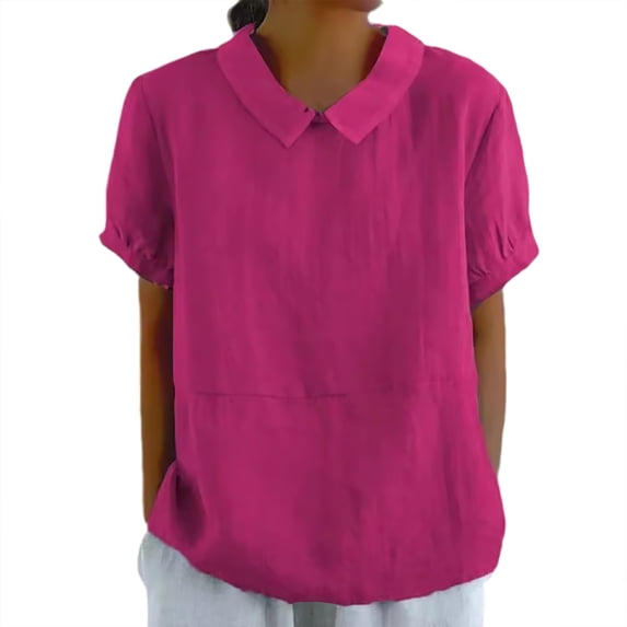 YVNAURA Plus Size Linen Shirt for Women Summer Breathable Cotton Blend Blouse Loose Fit Short Sleeve Camp Collar Button Down Lightweight Top Vacation Resort Wear, Hot Pink,XL