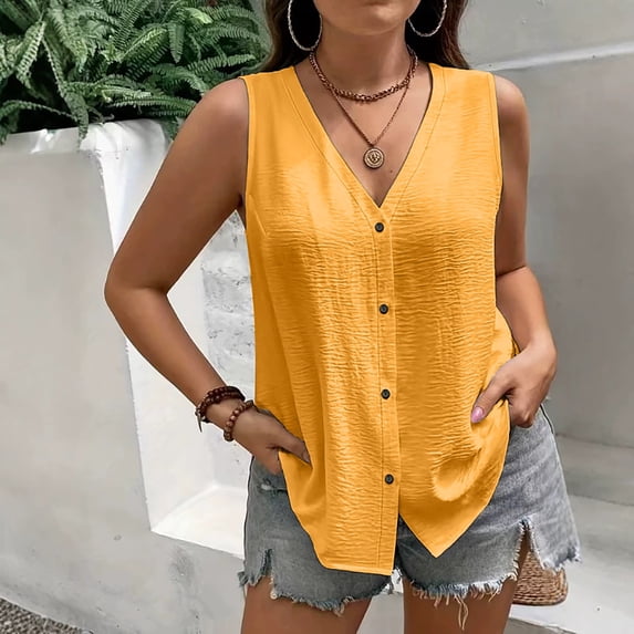 YVNAURA Plus Size Tops for Women 2026 Summer V Neck Button Down Sleeveless Blouse Loose Fit Casual Tank Top Lightweight Breathable Business Casual Work Shirts Beach Vacation Daily Wear, Orange,XXXXXL