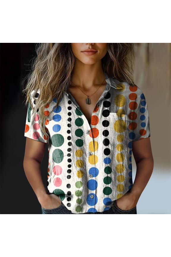 Printed Button Down Shirt for Women Loose Fit Cotton Short Sleeve Blouse Casual Tops Lightweight Everyday Essential Spring Summer Shirt, White,S