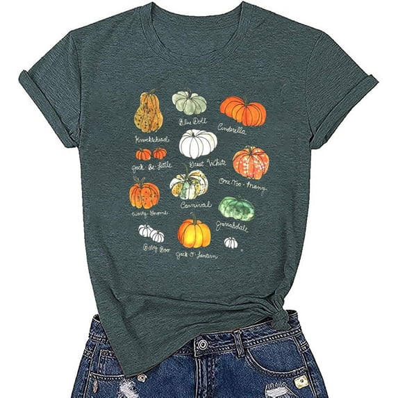 YVNAURA Pumpkin Graphic Tee Fall Shirts for Women Halloween Tops Thanksgiving Shirts Autumn Graphic Tees Casual Fall T-Shirt Short Sleeve Crew Neck Cute Print, Green,S