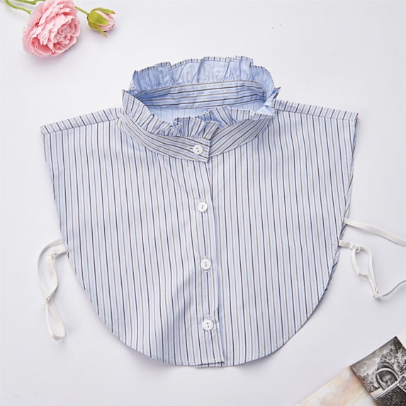 YVNAURA Red Striped Half High Collar Detachable Shirt for Women Cotton False Dickey Collar Blouse with Adjustable Side Straps 4-Button Removable Fake Collar for Christmas Holiday, Light Blue,One Size
