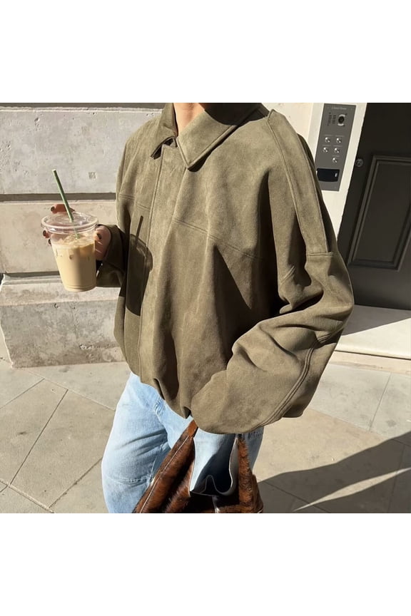 Relaxed Fit Cropped Suede Jacket Women Zipper Biker Coat Notch Lapel Long Sleeve Casual Fall Outerwear Going Out Wardrobe Essential, Green,L