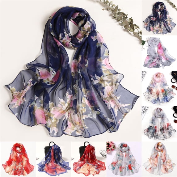 YVNAURA Scarfs for Women Lightweight Floral Print Scarf Shawl Fashion Spring Sun Blocking Wrap Soft Breathable Ladies Travel Daily Office Cover Up Blooming Pattern, Navy,One Size