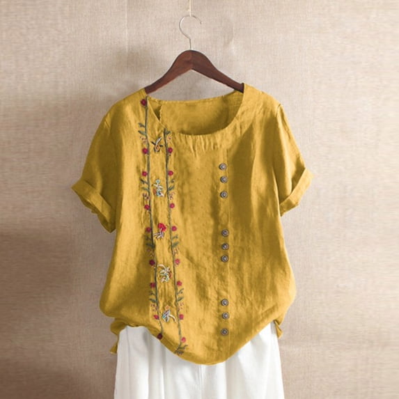 YVNAURA Short Sleeve Bohemian Blouse for Women Plus Size Embroidered Floral Tunic Loose Fit Peasant Top Trendy Spring Summer 2026 Vacation Resort Wear Casual, Yellow,L