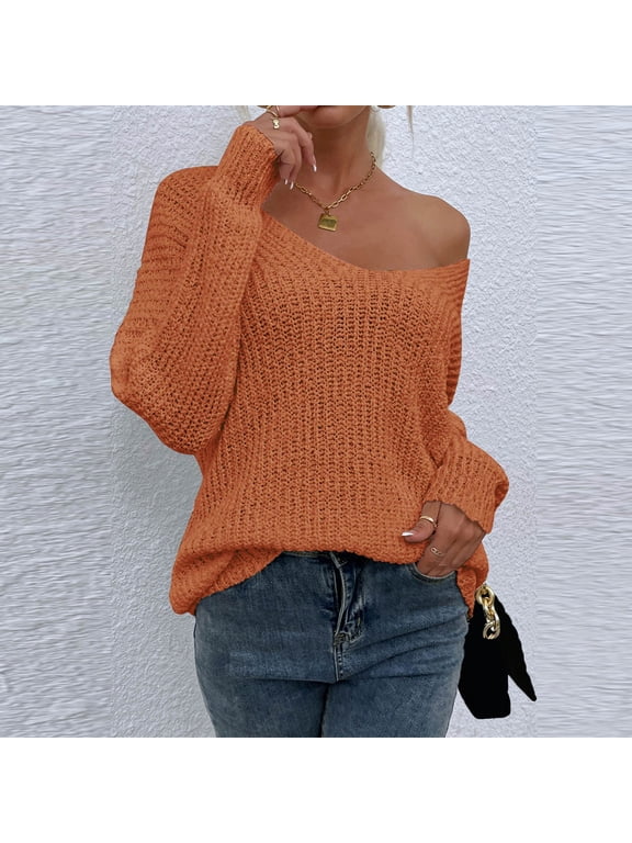 Off Shoulder Sweater for Women Batwing Sleeve Oversized Slouchy Loose Fit Long Sleeve Chunky Knit Pullover Casual Fall Winter Going Out Trendy Tunic Top, Brown,M