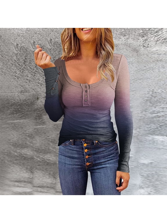 Slim Fit Henley Tops for Women Ribbed Long Sleeve V Neck Button Down Shirts Casual Basic Tees Soft Stretchy Going Out Fall Tops Fitted Blouses, Brown,S