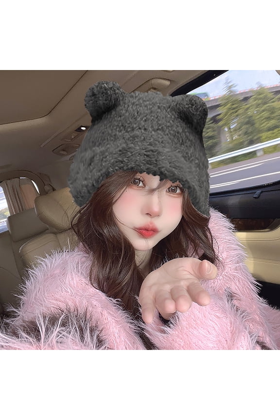 Soft Warm Bear Ear Beanie for Women Cute Knitted Winter Hat Thick Stretchy Cap One Size Cold Weather Windproof Korean Style Outdoor Gift for Her, Grey,One Size