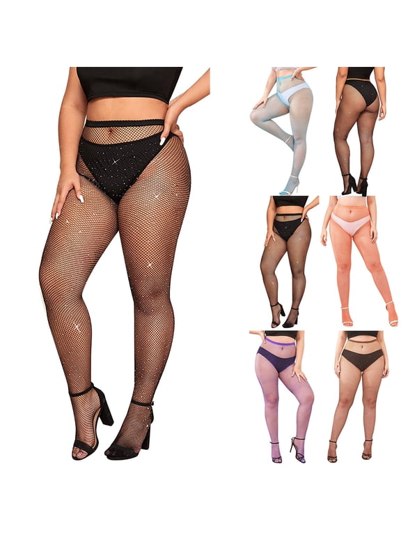 Sparkle Rhinestone Fishnet Stockings for Women Plus Size High Waist Stretchy Thigh High Net Tights Over The Knee Glitter Mesh Socks for Stage Dance Party, Black,XXL