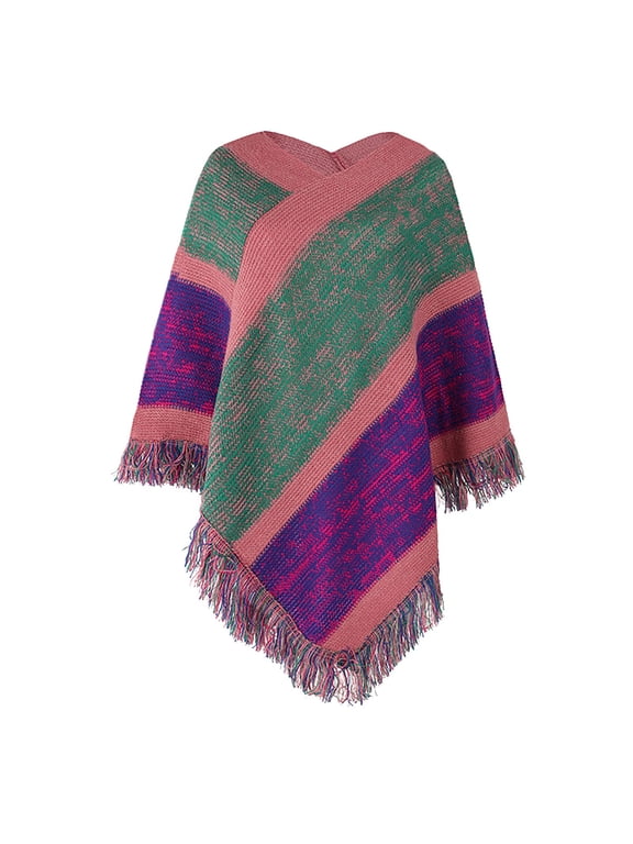 Striped Poncho Sweater for Women Knitted Cape with Tassel Contrasting Color Shawl Wrap Lightweight Soft Cozy V-Neck Pullover Fringed Hem Fall Winter Spring Daily Office, Purple,One Size