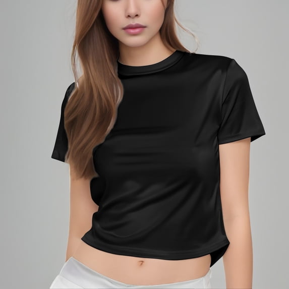 YVNAURA Summer Basic Crop Top Women Crew Neck Short Sleeve T Shirt Slim Fit Cotton Blend Cute Casual Tee Going Out Soft Stretchy Daily Top, Black,XL