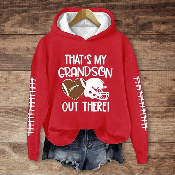 YVNAURA Thats My Grandson Out There Football Shirt for Women Love Heart Graphic Game Day Sweatshirt Long Sleeve Crewneck Pullover Top Grandma Fan Apparel Gift, Red,S